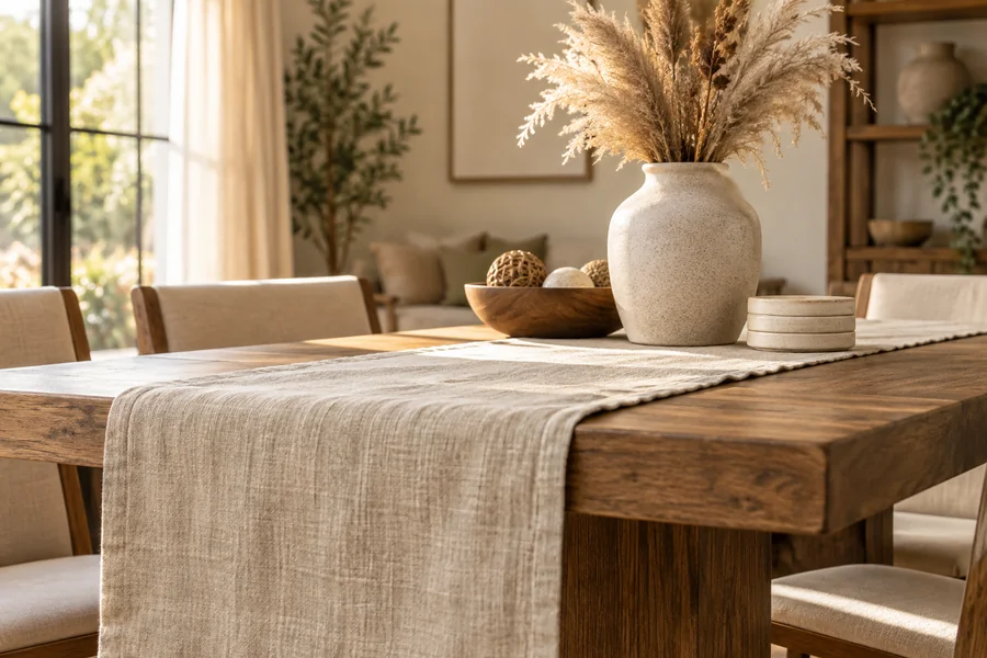 Ceramic vase with dried pampas grass on a wooden dining table