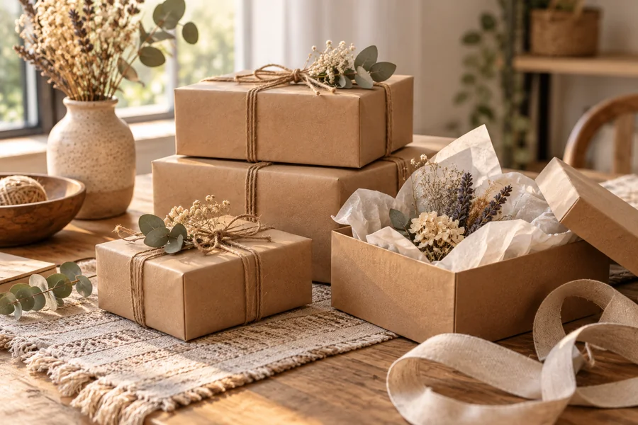 Stacked kraft paper gift boxes tied with twine and dried flowers