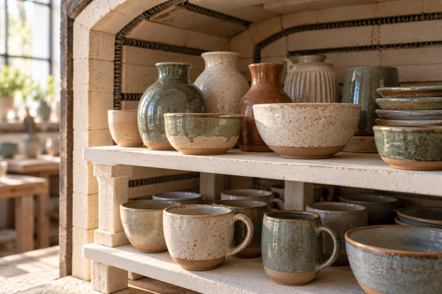 Glazed handmade pottery lined up on a kiln shelf