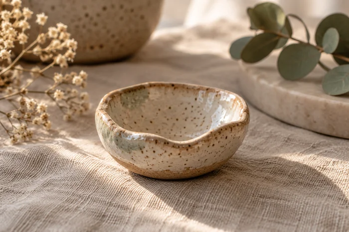 Small handmade ceramic pinch bowl on natural linen