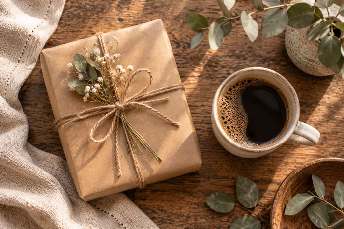 Overhead flat-lay of a wrapped gift with coffee and eucalyptus