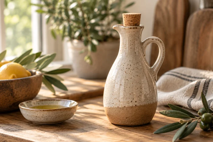 Handmade ceramic oil cruet with olive branch