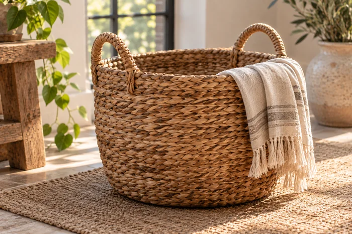 Woven market basket with a striped linen throw
