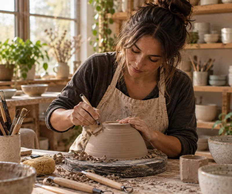 Maker trimming a handmade bowl in her pottery studio