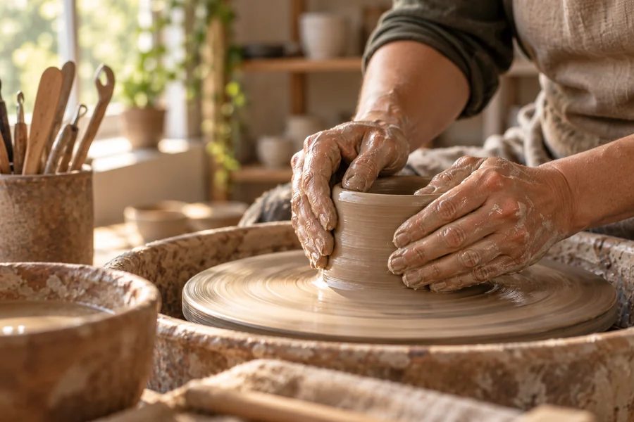 Hands centering clay on a pottery wheel