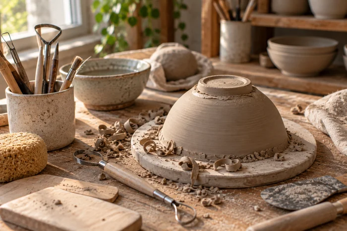 Maker's workbench with tools and clay trimmings mid-project