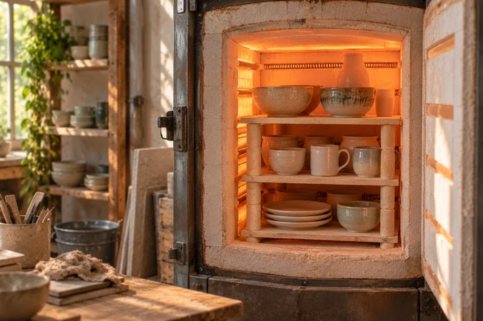 Glazed pottery firing in a glowing kiln