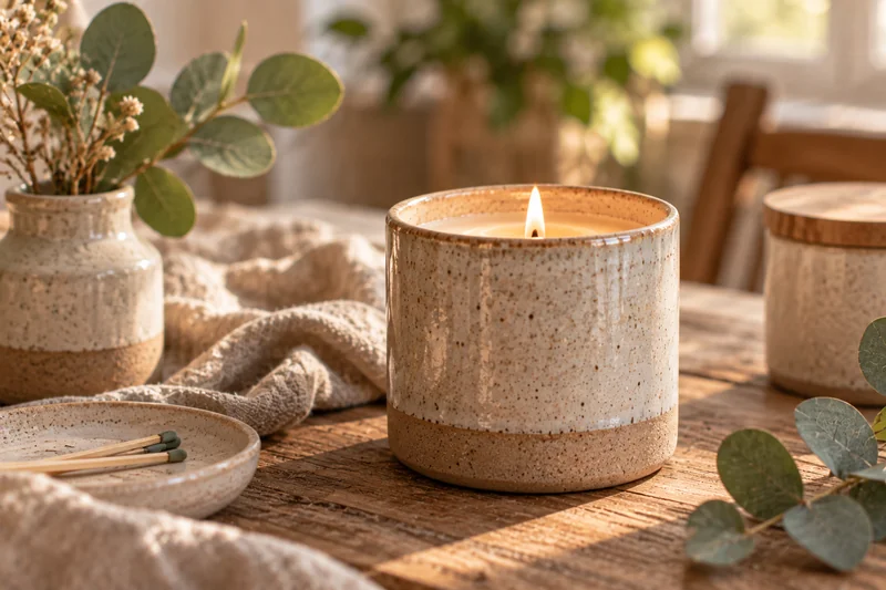 Lit hand-poured candle in a speckled ceramic vessel