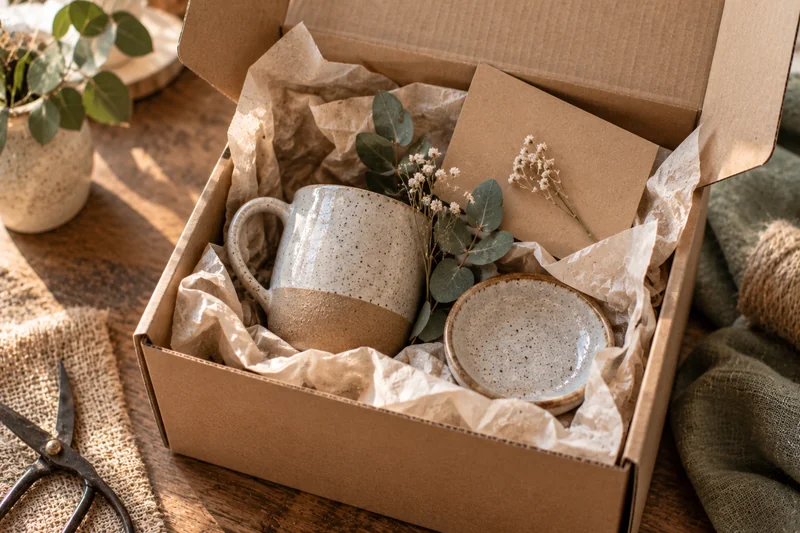 Unboxed artisan gift set with mug, dish and dried eucalyptus