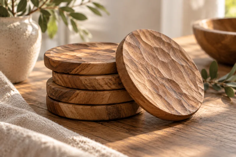Stack of hand-carved walnut wood coasters