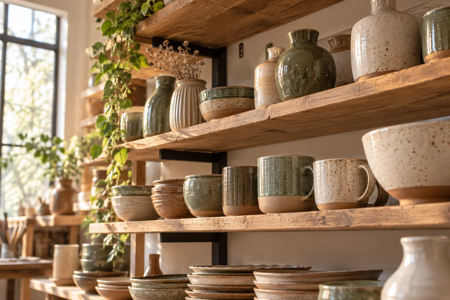 Warm pottery studio shelves lined with handmade mugs, bowls and vases