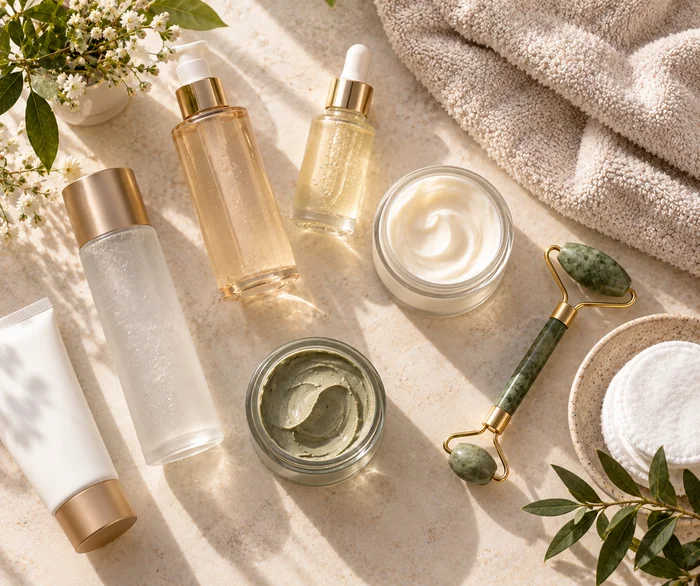 Overhead flat-lay of skincare products and a jade roller