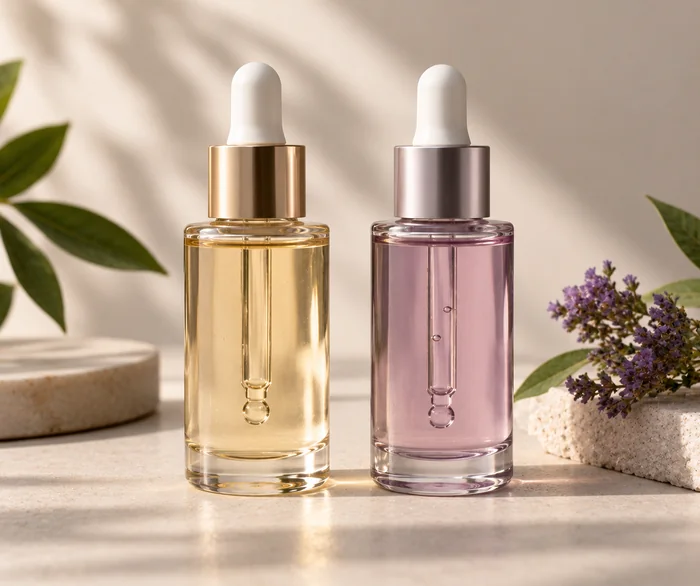 Two dropper bottles side by side with different colored serums