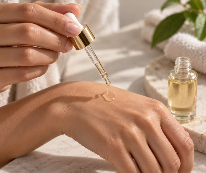 Hand applying serum drops to the back of the other hand