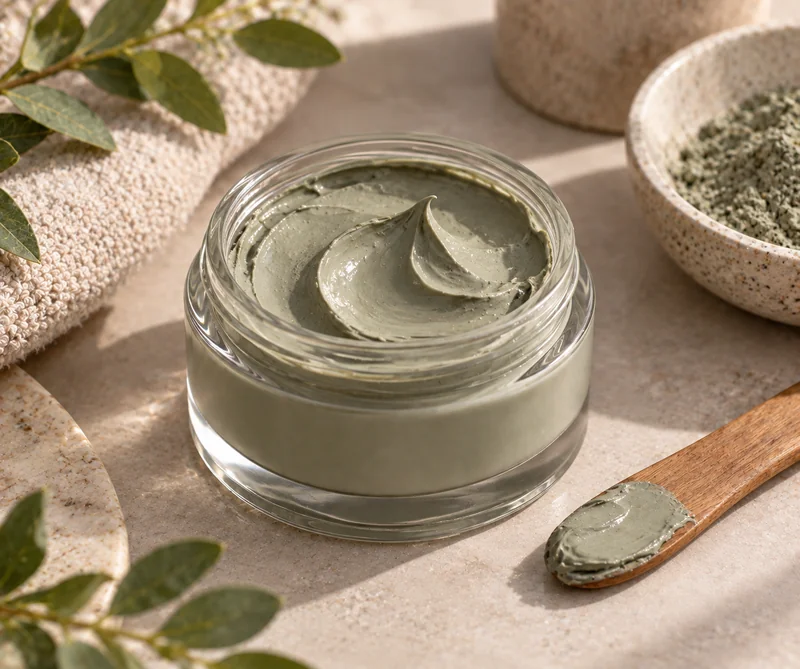Jar of clarifying clay mask with wooden spatula