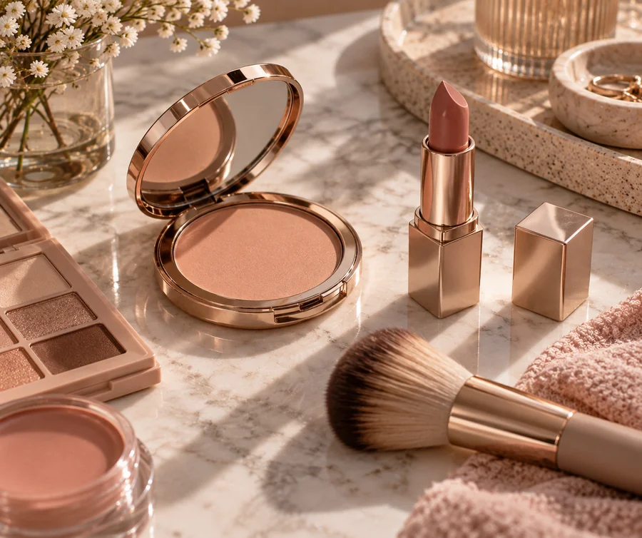 Neutral-toned makeup products including compact, lipstick and brush