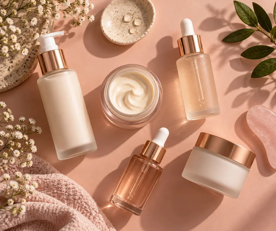 Flat-lay of unlabeled skincare bottles and jar on blush surface