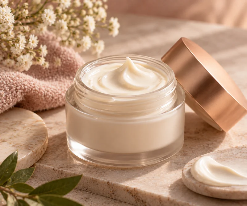 Open jar of whipped moisturizer with rose gold lid