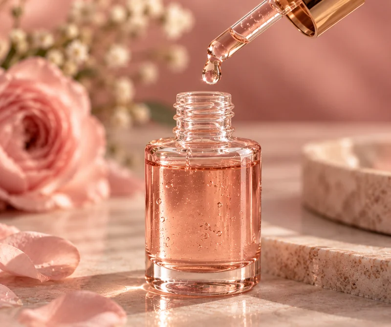 Close-up of glow serum dropper with a drop above the bottle
