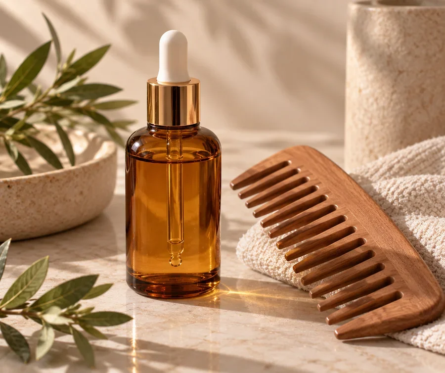 Amber glass hair oil bottle beside a wooden comb
