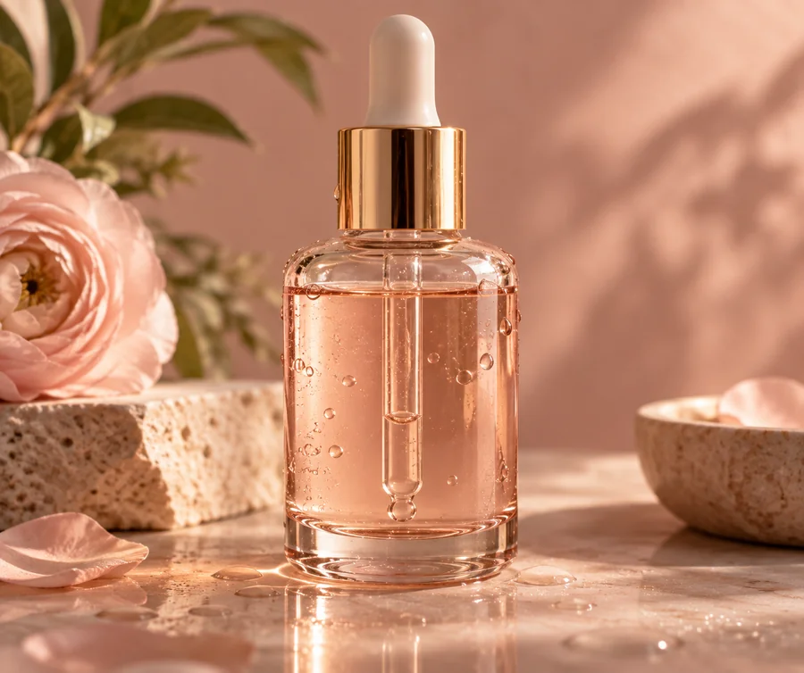 Glow serum bottle with pink botanical liquid