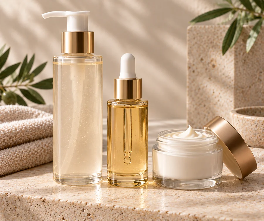 Cleanser, serum and moisturizer set styled together