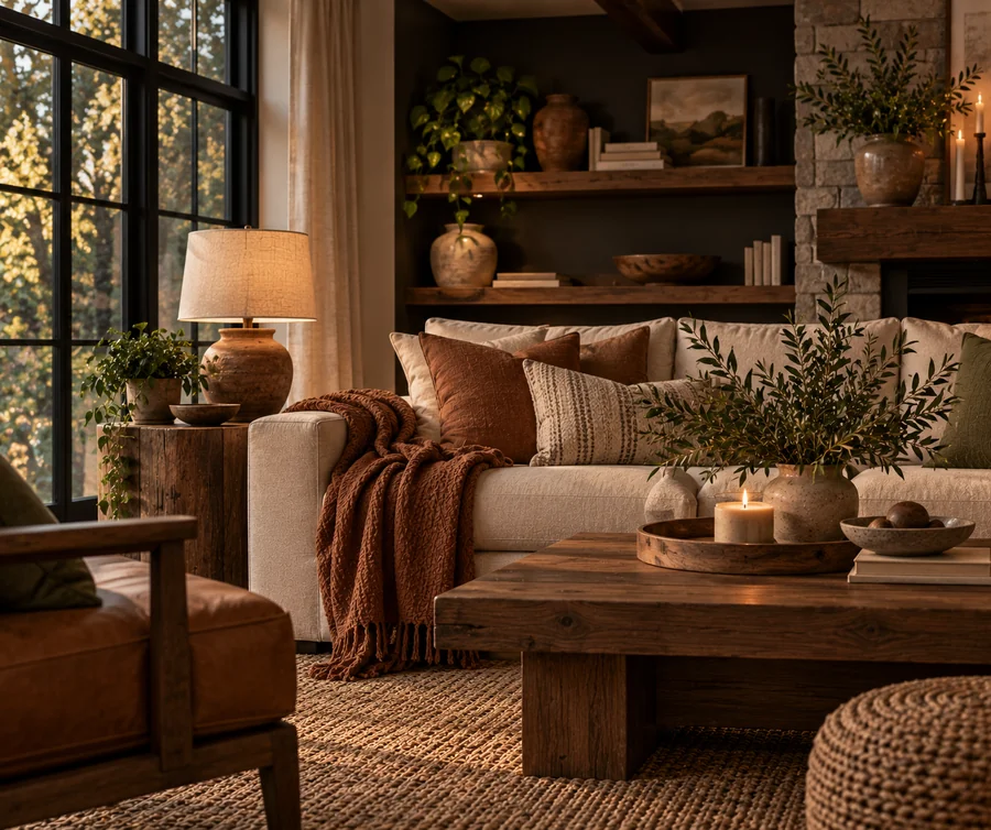 Moody rich farmhouse living room with fireplace and warm wood tones