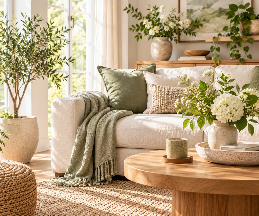 Bright airy living room corner with fresh greenery and white flowers