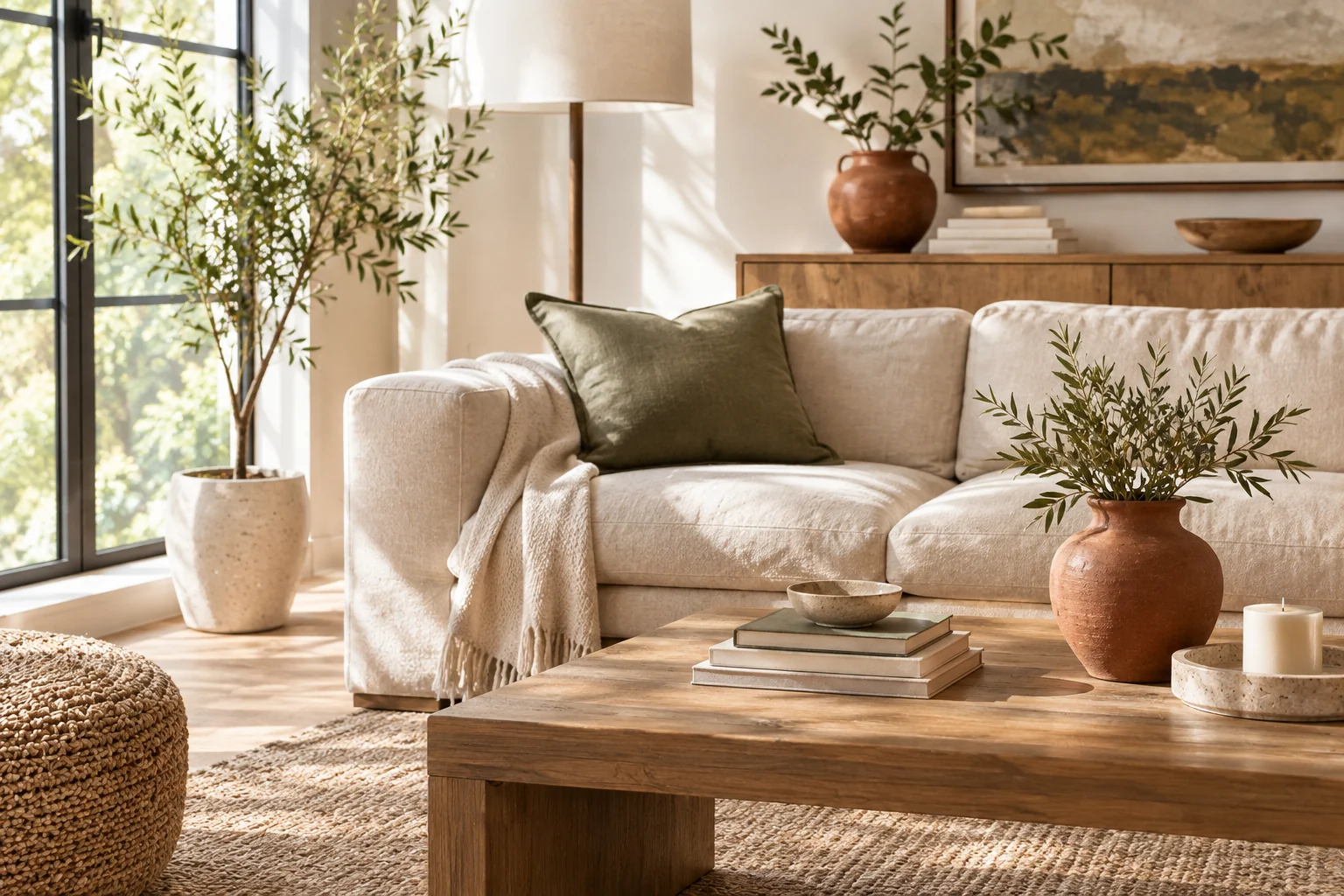 Warm modern living room with linen sofa and terracotta vase