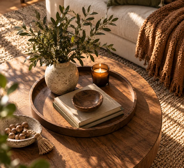 Coffee table styled with a wooden tray, vase and candle
