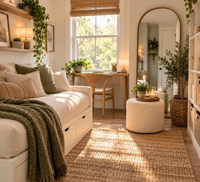 Small bright room with mirror and light furniture