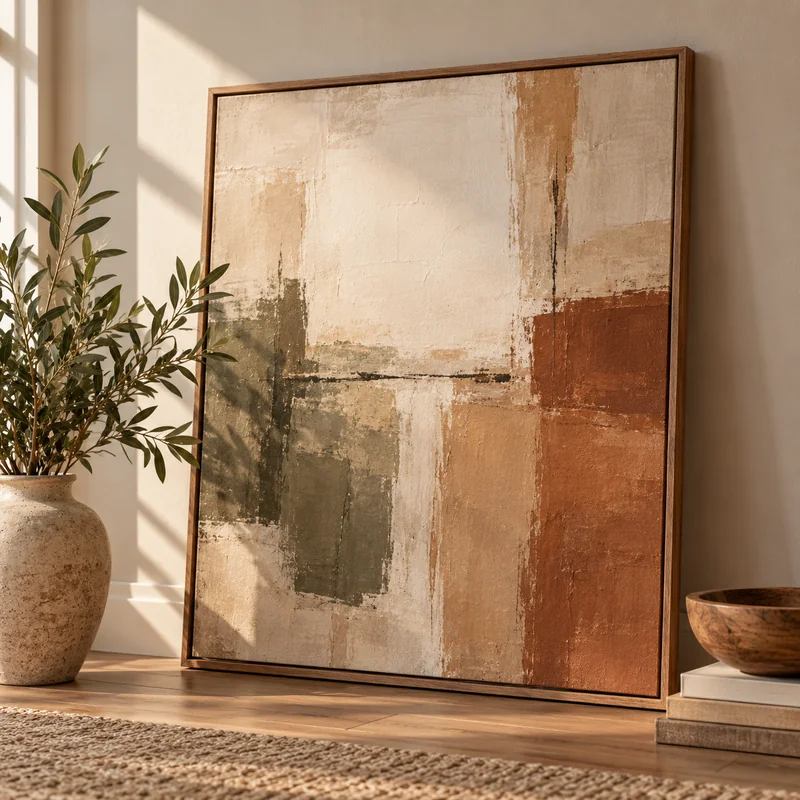Framed abstract canvas art in warm neutral tones