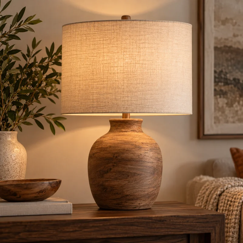 Linen drum shade table lamp with wood base