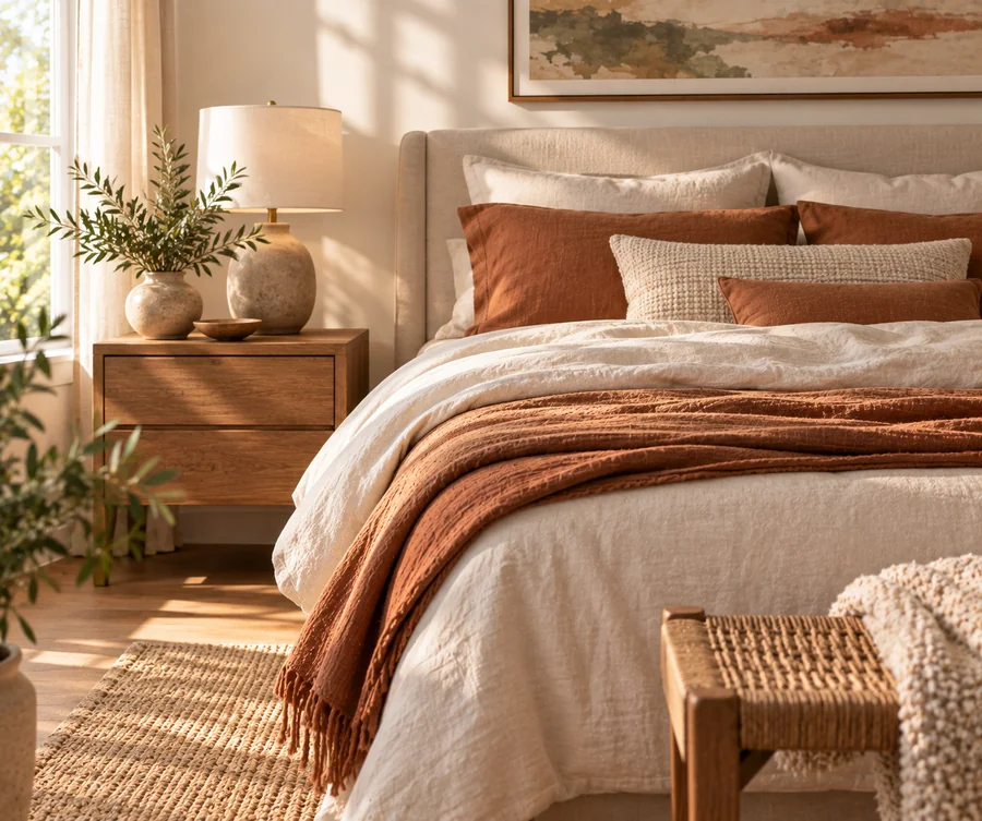 Neatly styled bed with layered cream and terracotta linens