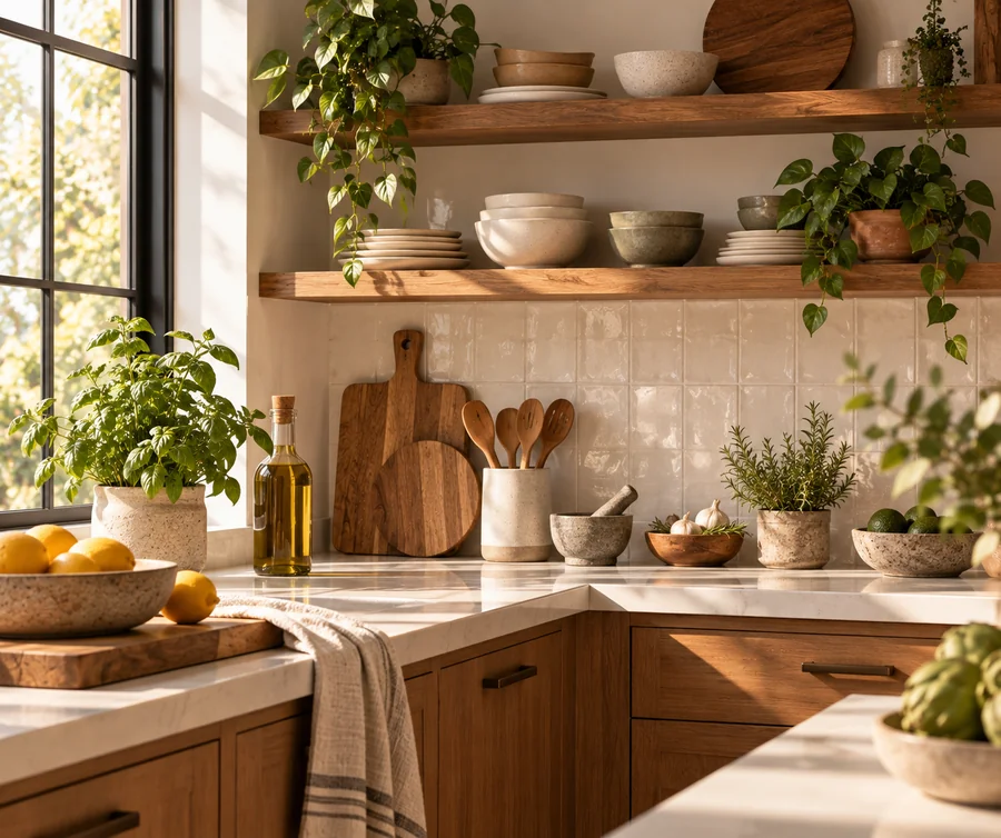 Warm modern kitchen corner with open wood shelving and ceramics