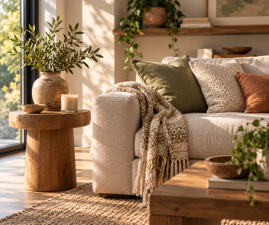 Cozy living room corner with linen sofa and side table