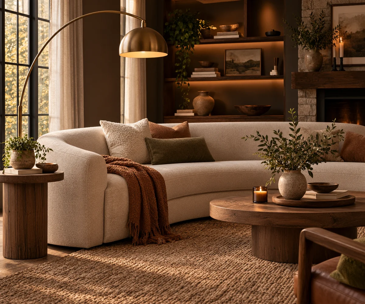 Styled living room with curved linen sofa and brass arc floor lamp