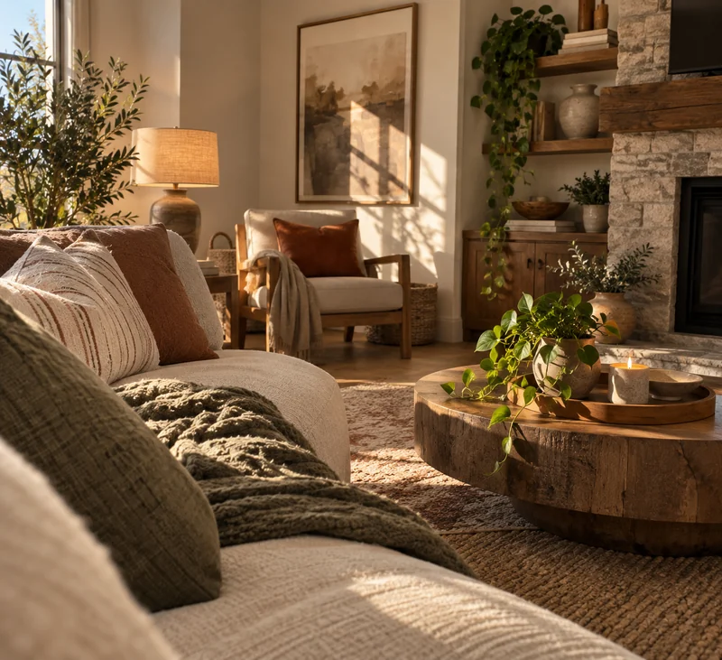 Candid photo of a cozy styled living room corner