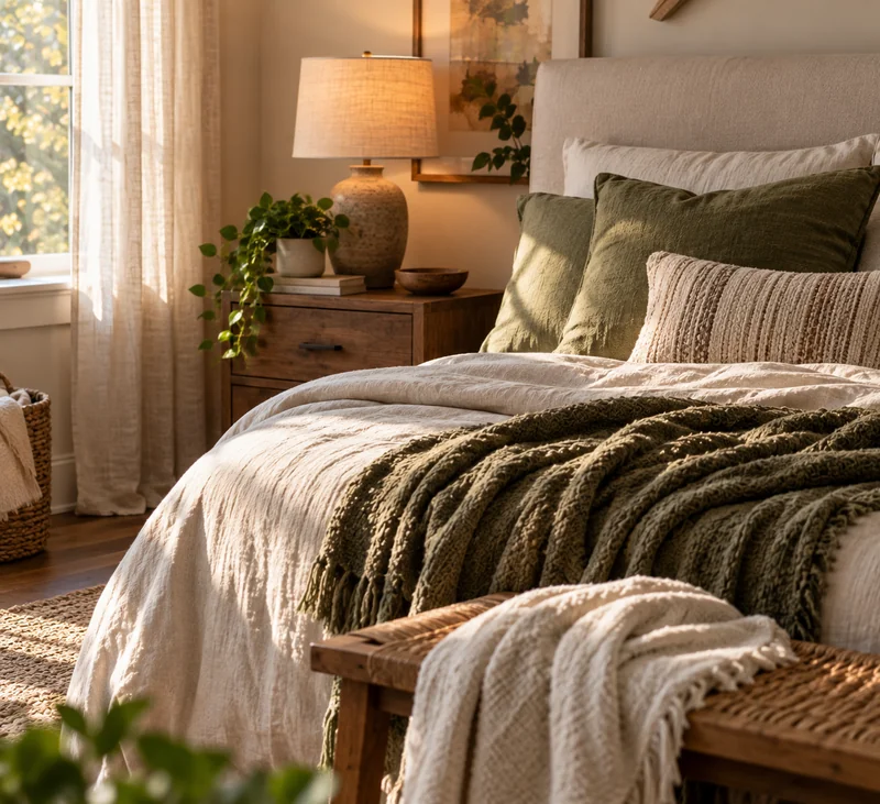 Casual photo of a bedroom nook with layered textiles