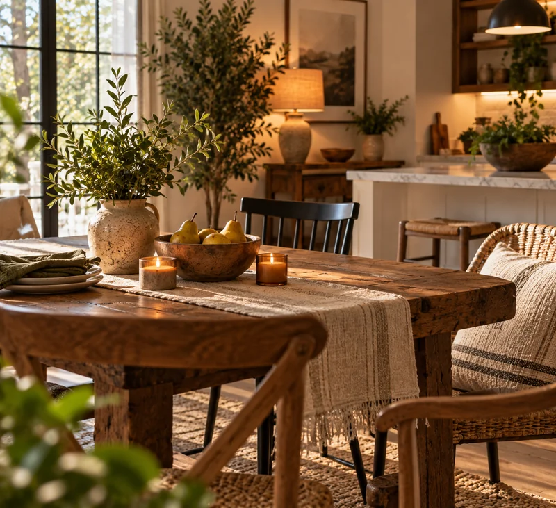 Informal photo of a dining corner with warm coordinated decor