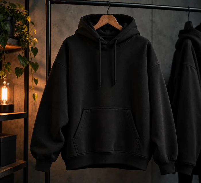 Plain black hoodie on a hanger