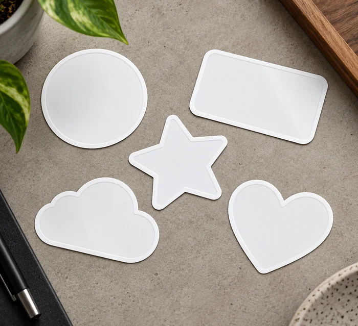 Blank die-cut sticker shapes on a surface