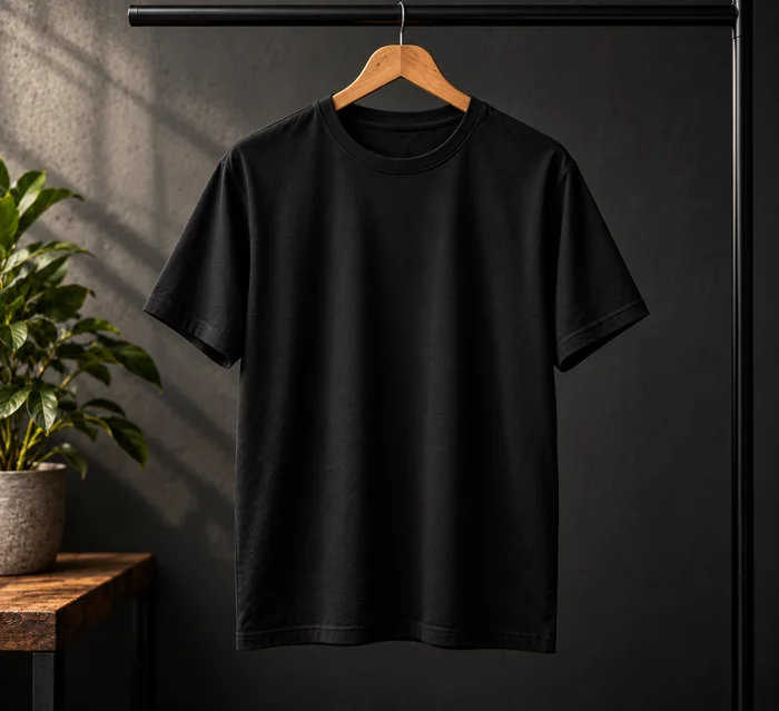 Plain black t-shirt on a hanger