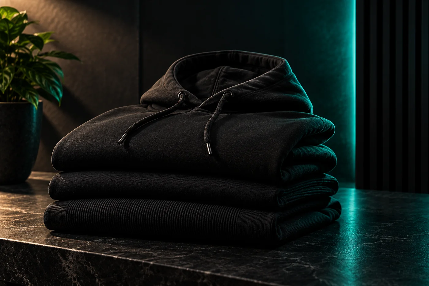 Moody stack of folded black apparel with teal accent light