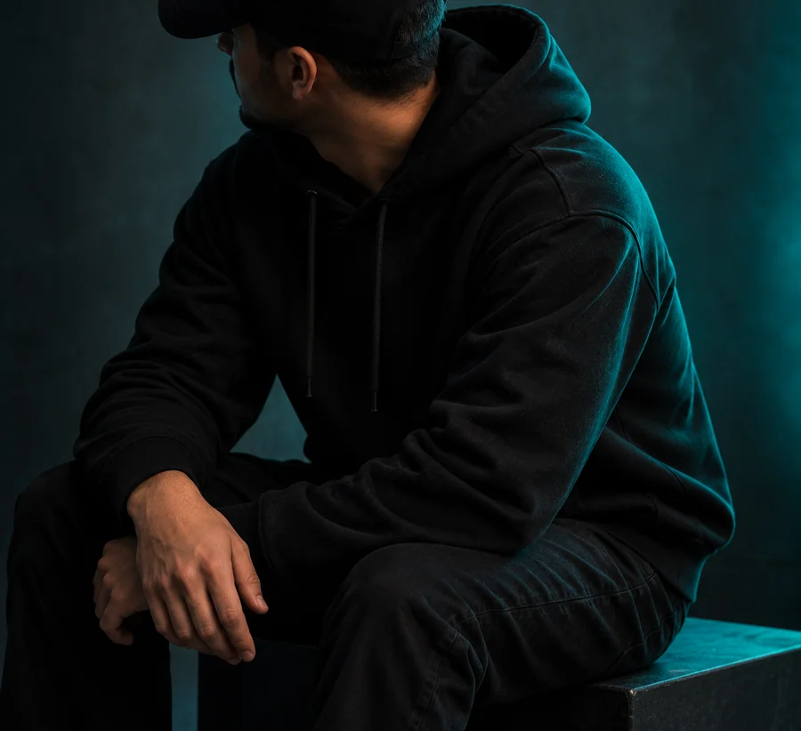 Founder portrait, three-quarter angle, moody lighting