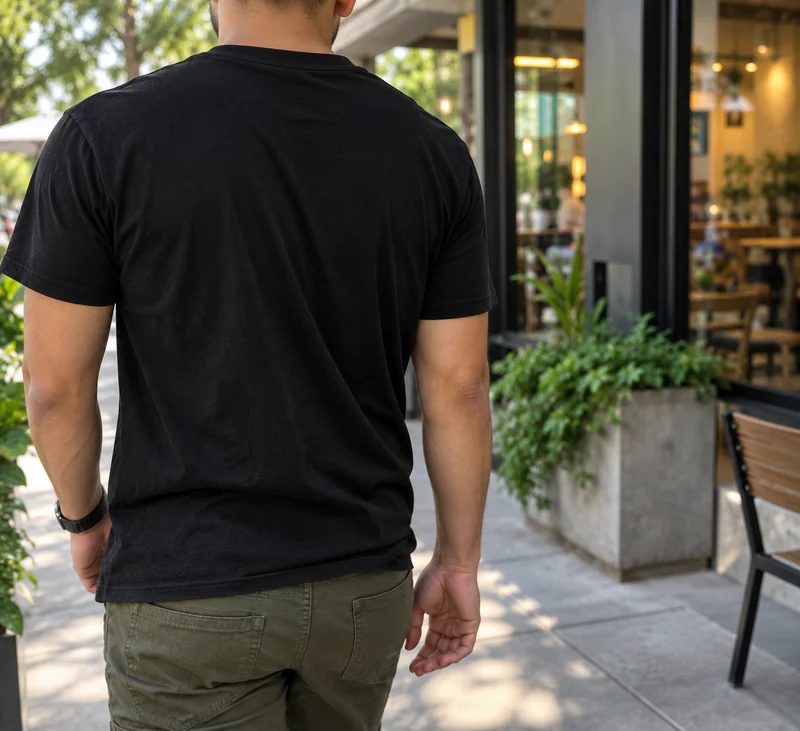 Candid photo of someone wearing a plain black tee