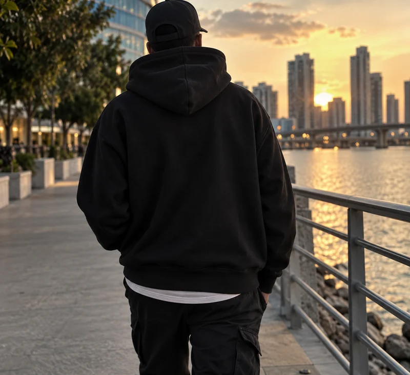Candid photo of someone from behind wearing a plain black hoodie