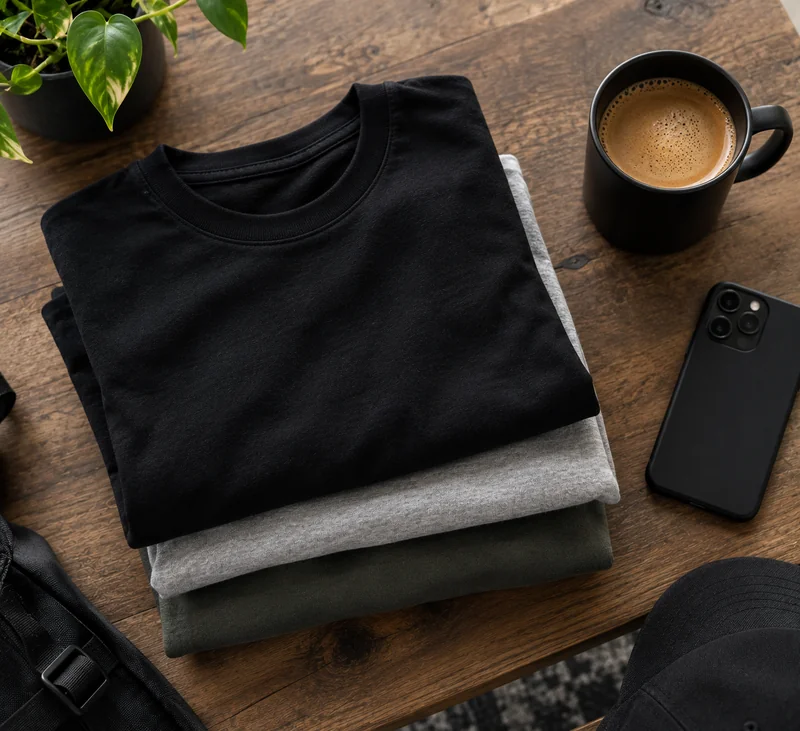 Flat-lay of folded apparel with a coffee cup and phone