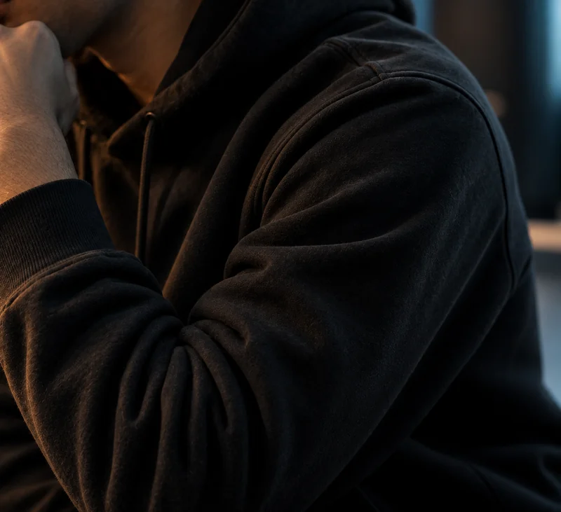 Close crop of someone's arm and shoulder in a plain hoodie
