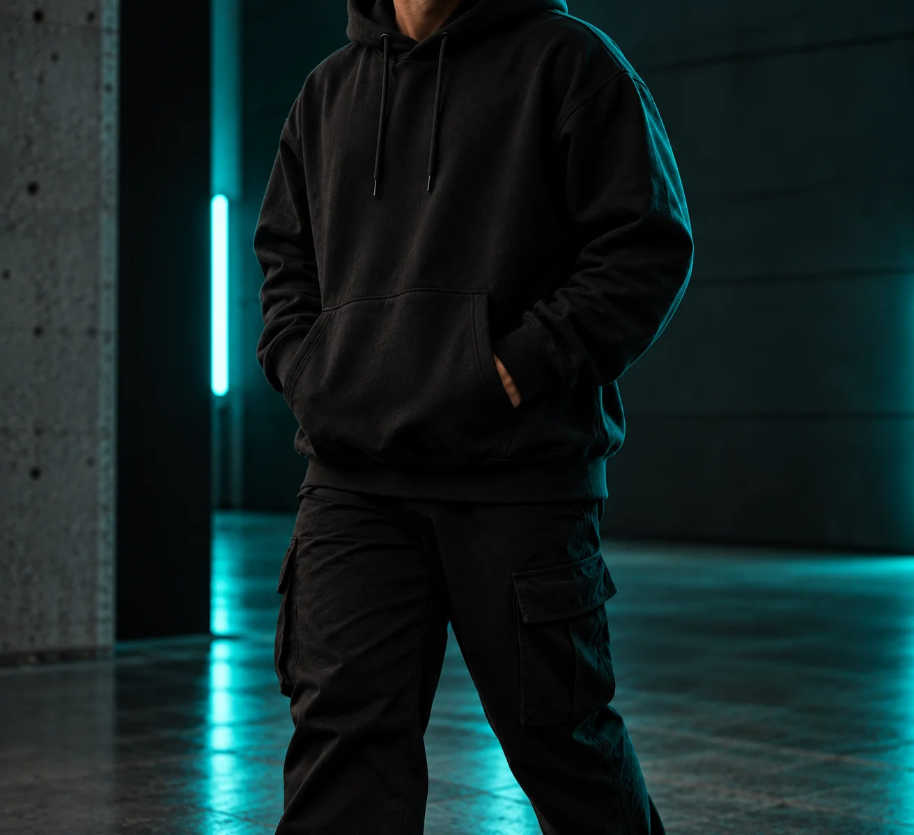 Person wearing plain black hoodie in moody studio lighting